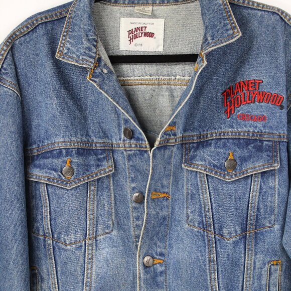 Vintage 90's Planet Hollywood Embroidered Jean Denim Jacket Size Medium Chicago - Picture 2 of 11